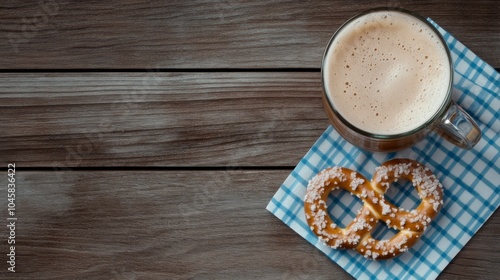 A close-up of a soft pretzel and a glass of beer on a blue checkered napkin, placed on a wooden table. Perfect for Oktoberfest, traditional food, or casual dining themes.