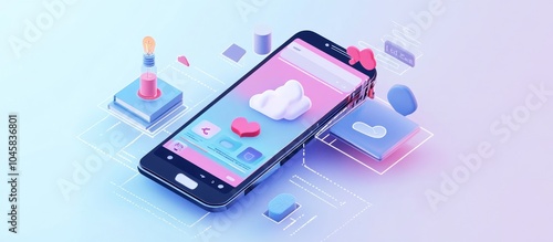 A smartphone with a cloud icon on the screen, surrounded by various apps and icons, representing the concept of cloud computing and connectivity.