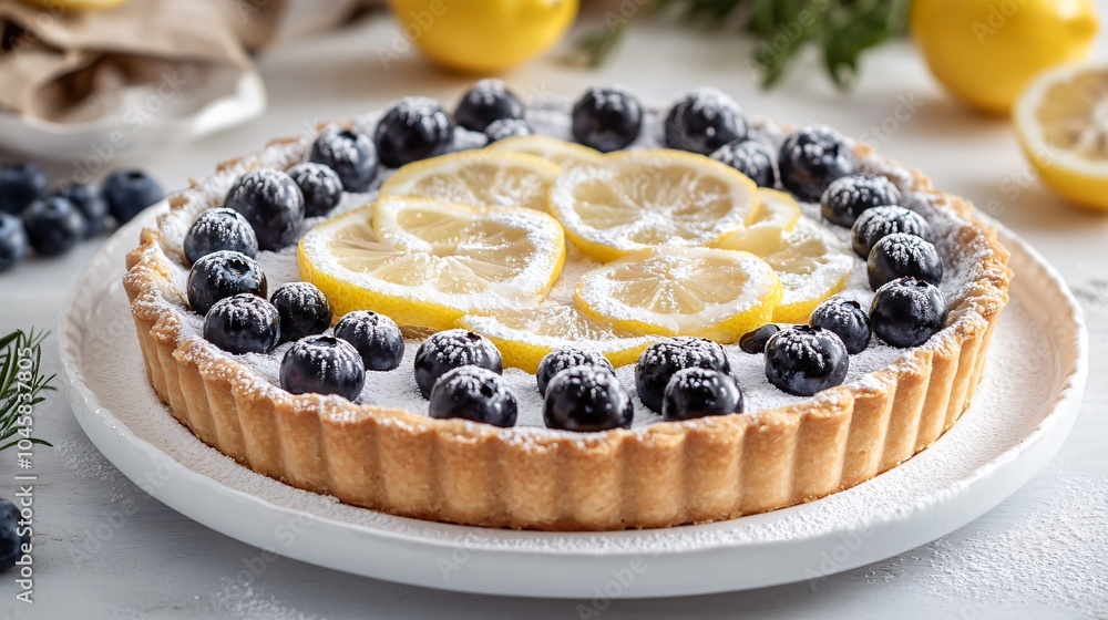 Lemon and blueberry tart, isolated on a white porcelain plate, garnished with lemon slices, blueberries, and a light dusting of powdered sugar Lemon and blueberry tart, isolated on a white porcelain plate, garnished with lemon slices, blueberries, and a light dusting of powdered sugar