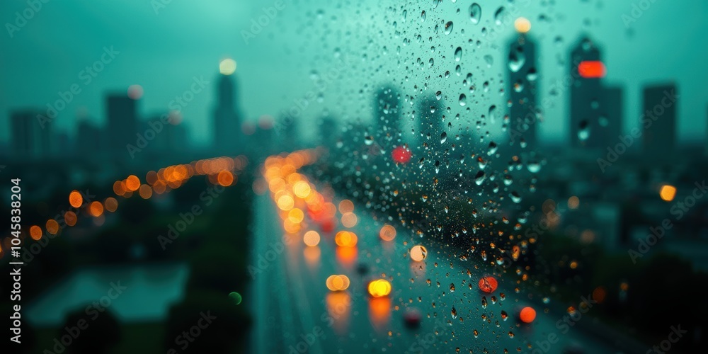 Fototapeta premium A stunning view of a rainy urban landscape, showcasing blurred city lights through raindrops on glass, evoking a moody and atmospheric city vibe.