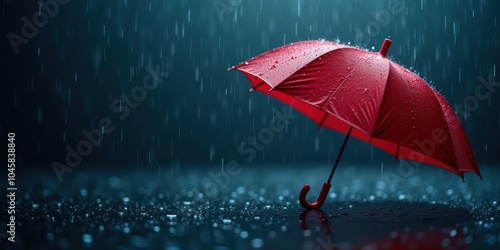 A vibrant red umbrella standing alone in a rain-soaked environment, symbolizing protection and resilience amidst adversity.