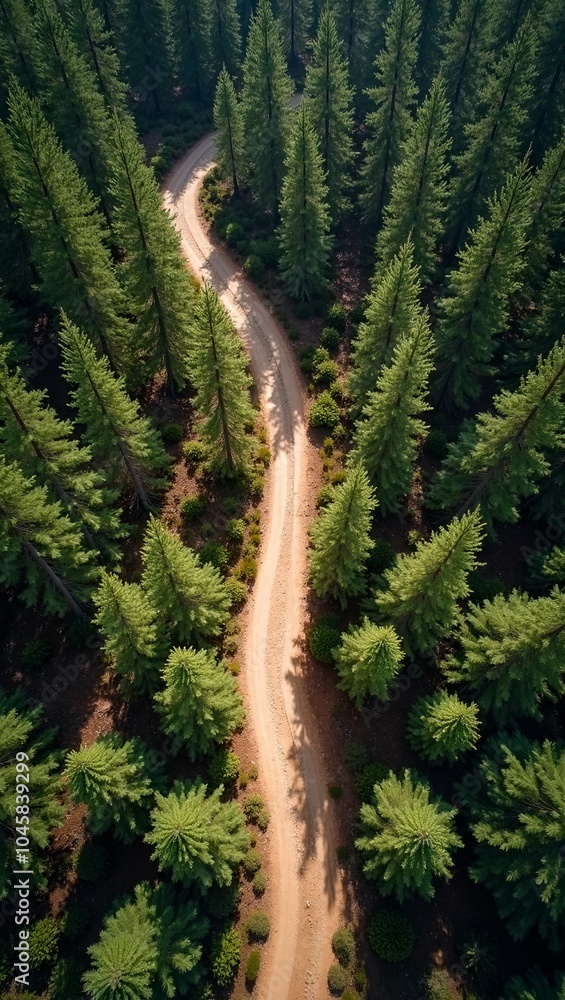 Serene forest hiking trail with tall pines and shadows Serene forest hiking trail with tall pines and shadows