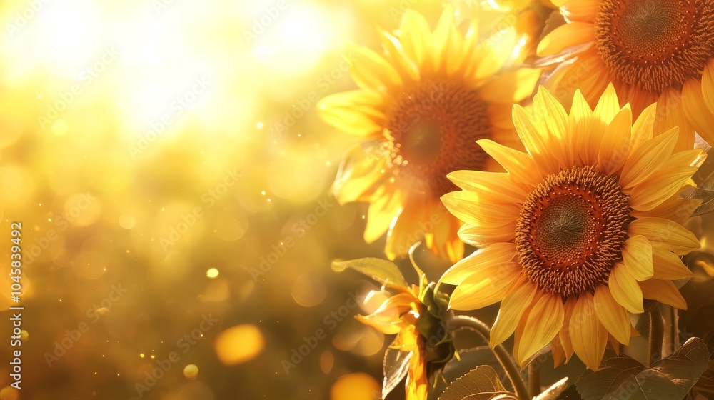 Fototapeta premium Three bright yellow sunflowers facing the sun, with a blurred background of golden sunlight.
