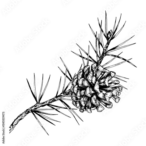 Detailed hand drawn vector illustration of pine branches and cones. Realistic ink sketch style design, perfect for nature, eco-themed projects, Christmas decorations and botanical illustrations.