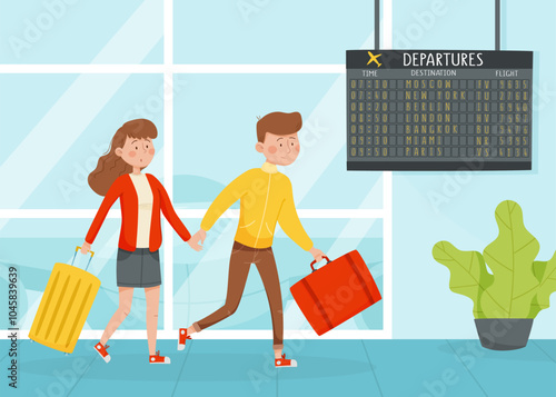 Man and Woman Hurry Late for Their Flight Travel with Suitcase Enjoy Vacation Vector Illustration