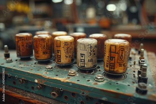 Vintage Electronic Tubes on Dusty Old Circuit Board in Workshop photo