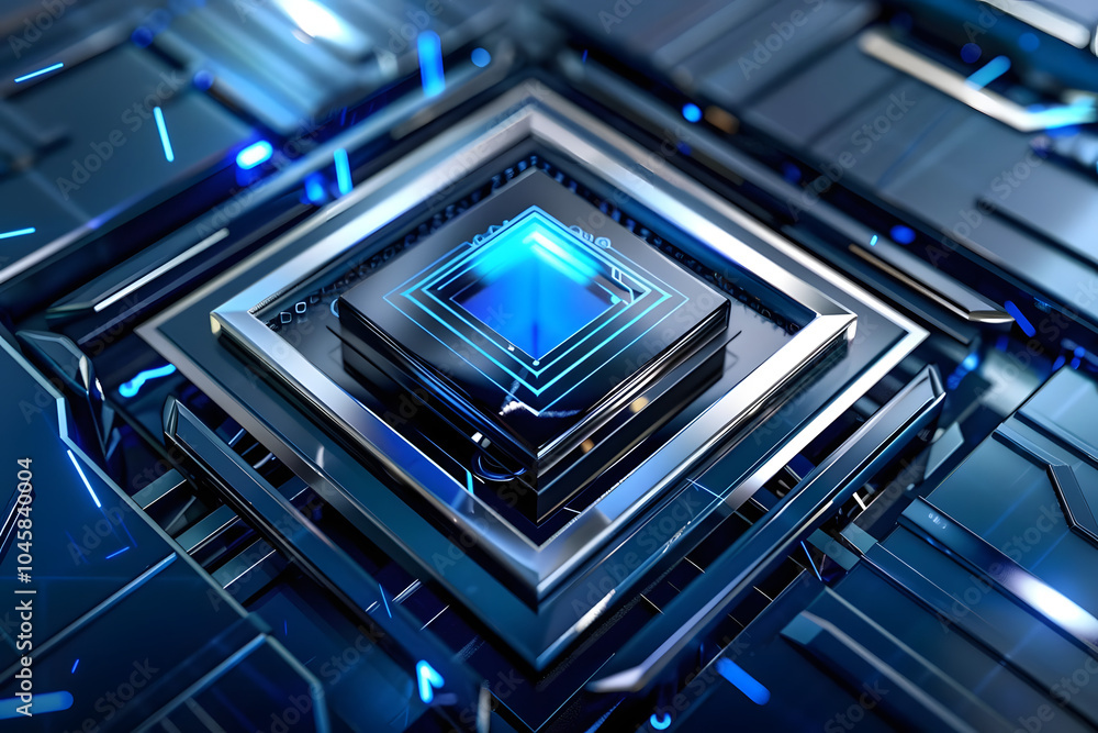 vibrant blue silver microchip emblem advanced intelligence computer technology vibrant blue silver microchip emblem advanced intelligence computer technology