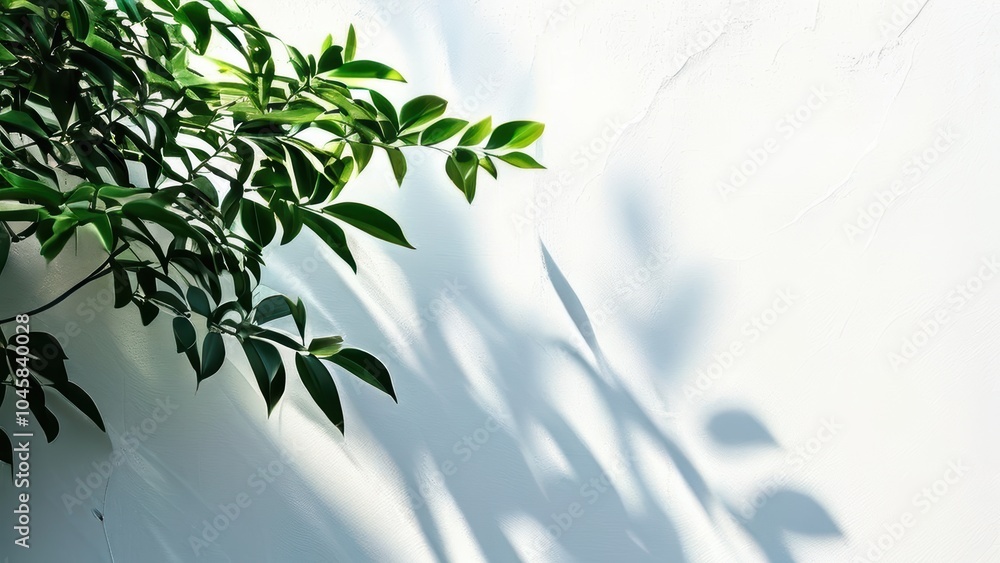Obraz premium A branch with leaves casting shadows on a white wall, creating a serene and minimalist scene.