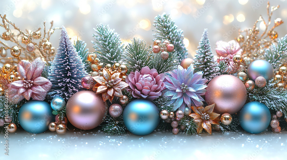 Fototapeta premium Holiday decorations. Festive Christmas decorations in vibrant colors, New Year celebrations