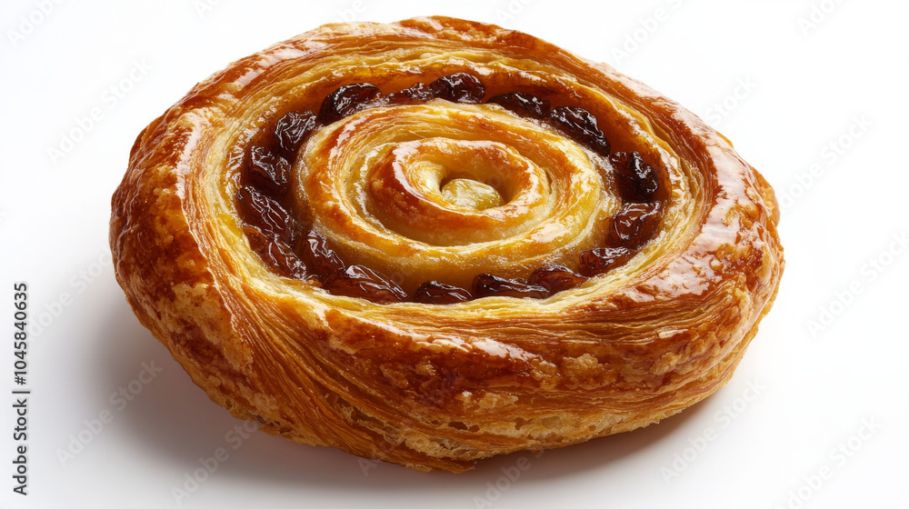A close-up of a raisin Danish pastry, or a swirl of raisin bread with custard, or escargots, all on a plain white background. A close-up of a raisin Danish pastry, or a swirl of raisin bread with custard, or escargots, all on a plain white background.