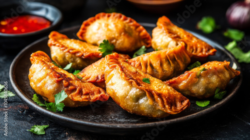 Crispy fried dumplings filled with a variety of savory fillings like meat, seafood, or vegetables, often served as a popular snack or appetizer in Japanese and Chinese cuisine.