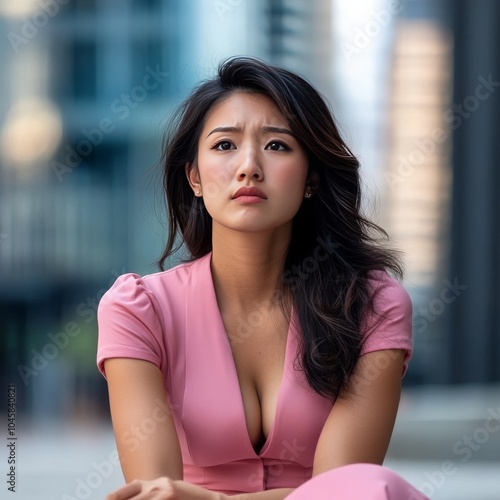 Free Download Sad Asian businesswoman in pink dress sulks downtown. - GFXLoad