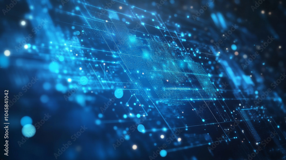 A blue line and dots represent the flow of information, symbolizing big data, technology, AI, and data transfer. A blue line and dots represent the flow of information, symbolizing big data, technology, AI, and data transfer.