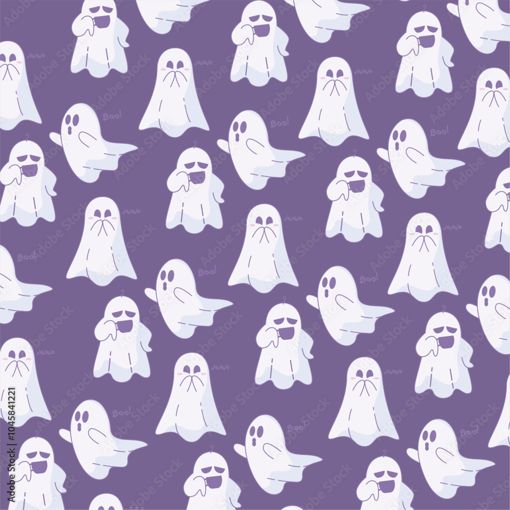 Playful ghost pattern with funny expressions and Boo text, Vector Playful ghost pattern with funny expressions and Boo text, Vector