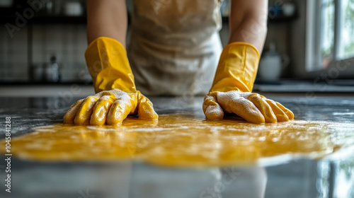 Person wearing yellow gloves cleaning a shiny kitchen countertop with soap and water in a well-lit indoor space during the day