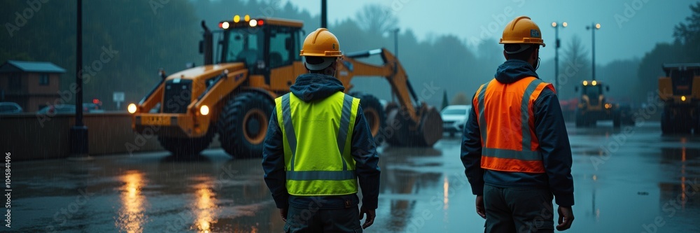 Two construction workers oversee a rainy site, equipped with safety gear, as machinery operates in the background, highlighting a professional and industrial environment. Two construction workers oversee a rainy site, equipped with safety gear, as machinery operates in the background, highlighting a professional and industrial environment.