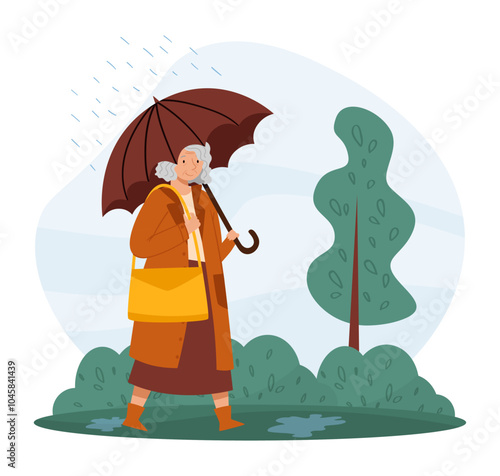 Woman Character with Umbrella Walking Outdoor at Rainy Day Vector Illustration