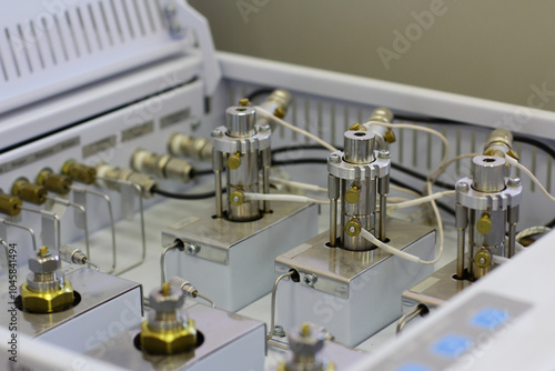 chromatography flame ionization detector. Sensor gas chromatograph. Laboratory chemical equipment. Industrial background. Analytical laboratory.