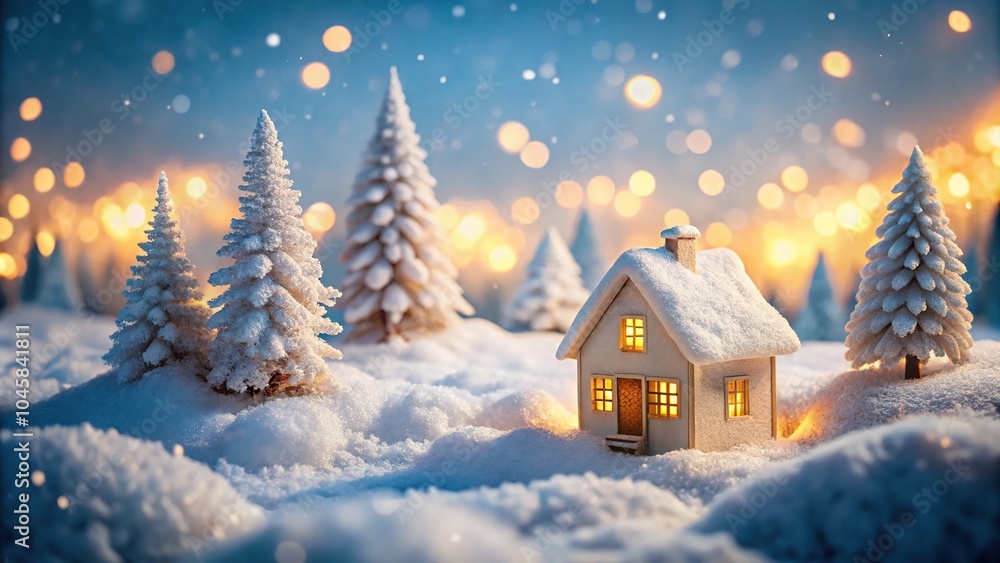 Fototapeta premium Snowy winter cabin in macro perspective panoramic view
