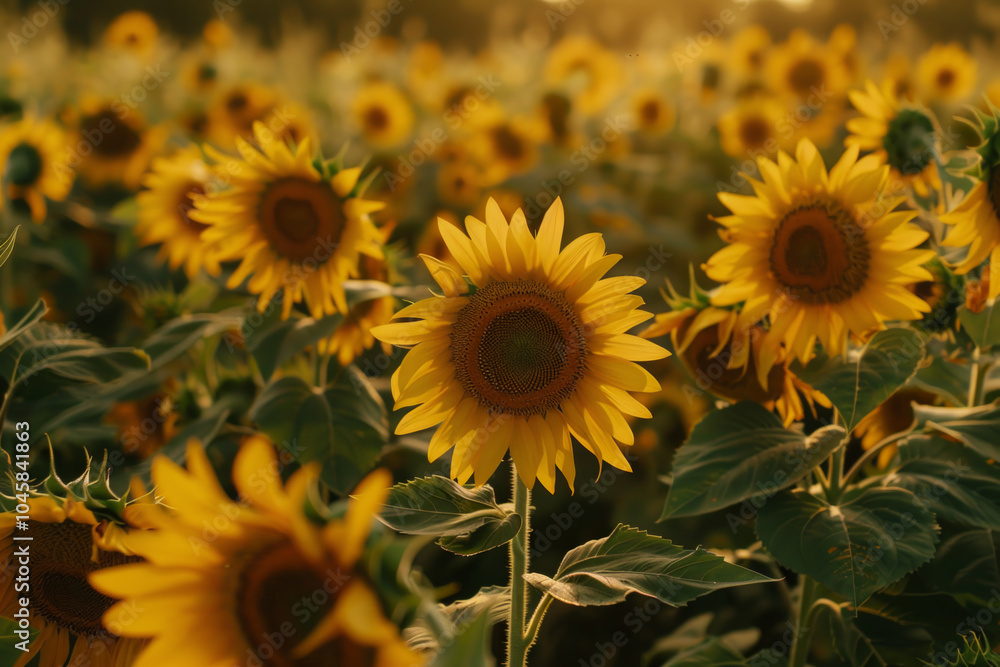 The bright yellow sunflowers stand tall amid lush green leaves, soaking up the warm sunlight in a picturesque rural landscape during the late afternoon The bright yellow sunflowers stand tall amid lush green leaves, soaking up the warm sunlight in a picturesque rural landscape during the late afternoon