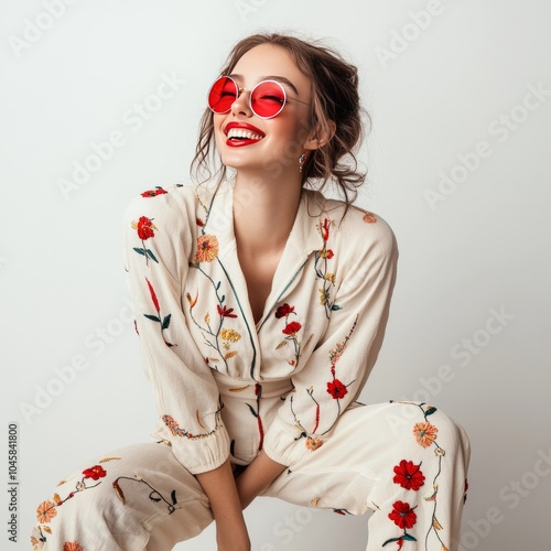 Brunette beauty in embroidered jumpsuit. photo