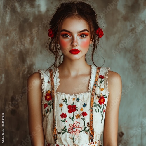 Elegant lady with red cheeks and lips. photo