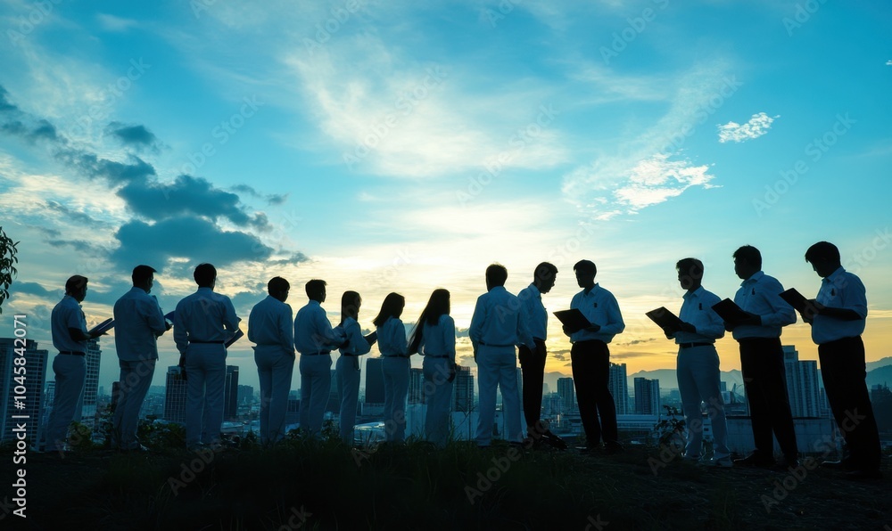 Silhouettes of business people standing in front of the city skyline at sunset They hold books and notepads, with office buildings visible behind them Generative AI Silhouettes of business people standing in front of the city skyline at sunset They hold books and notepads, with office buildings visible behind them Generative AI