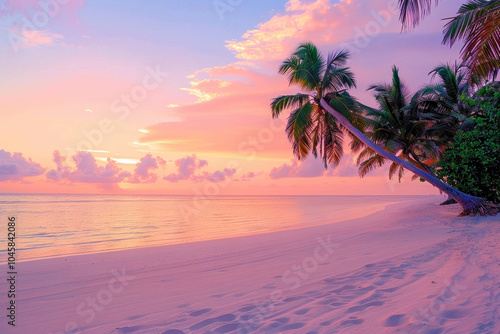 The tranquil beach features soft sand and graceful palm trees silhouetted against a vibrant sunset sky filled with pink and orange hues reflecting on the water photo