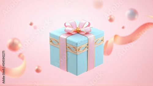 A beautifully wrapped light blue gift box with a pink ribbon and decorative elements.