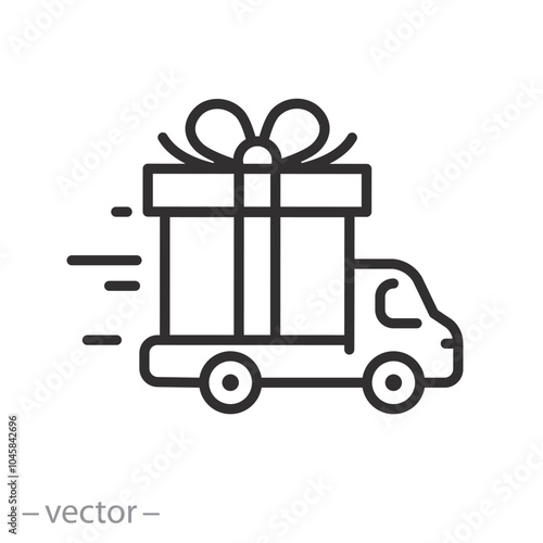 delivery gift icon, truck with gift box, thin line vector illustration