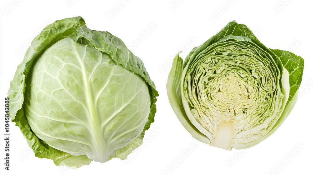 A green cabbage, perfectly cut into halves, slices, or pieces, is shown against a plain white background. You can easily remove the background if you need to. A green cabbage, perfectly cut into halves, slices, or pieces, is shown against a plain white background. You can easily remove the background if you need to.