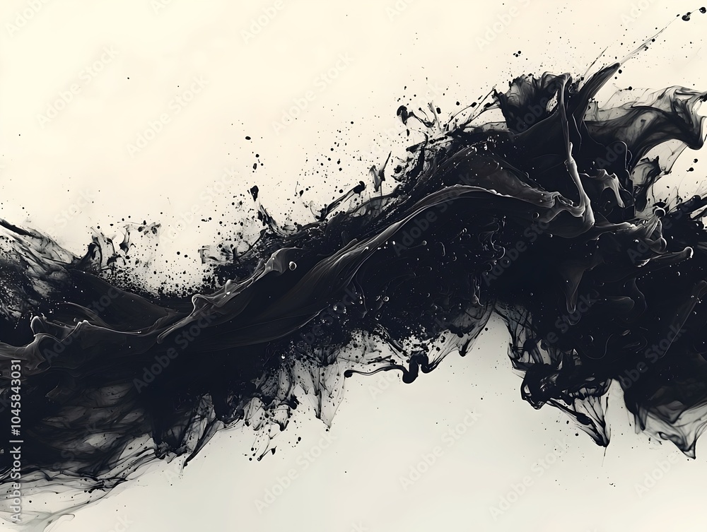 A dynamic and abstract composition featuring dark black fluid splashes against a light background, creating an artistic contrast and sense of movement. A dynamic and abstract composition featuring dark black fluid splashes against a light background, creating an artistic contrast and sense of movement.