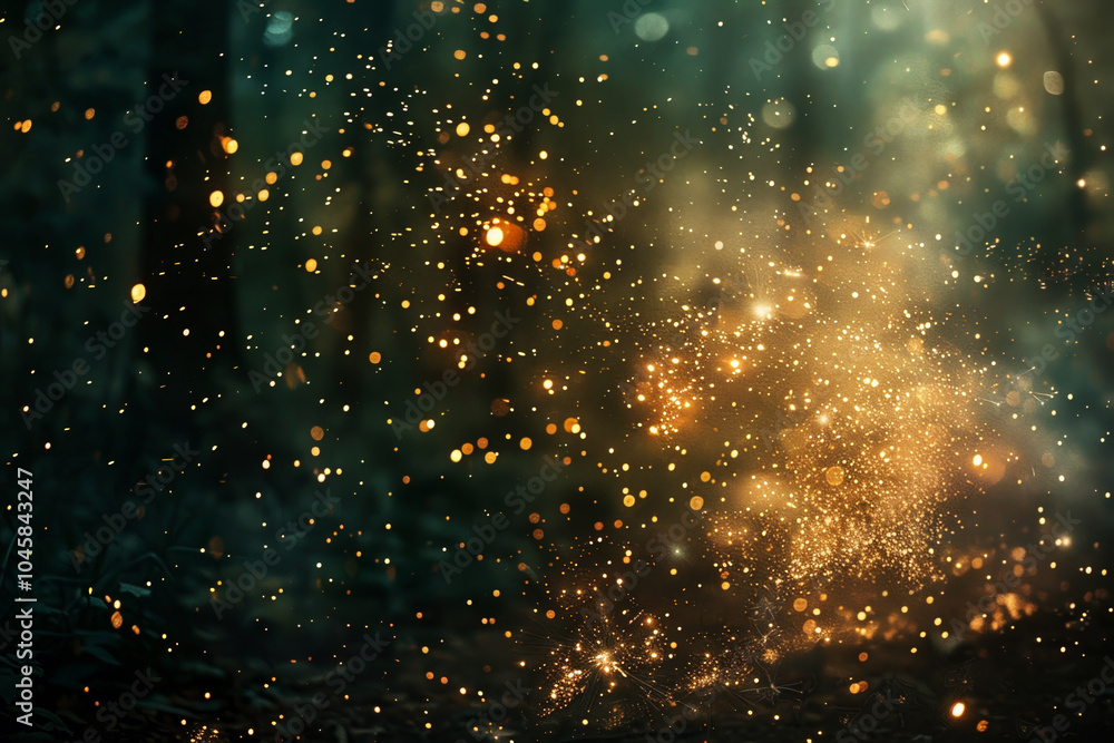 Naklejka premium In a tranquil forest at dusk, soft golden particles float through the air, illuminating the surroundings and creating a magical, serene ambiance
