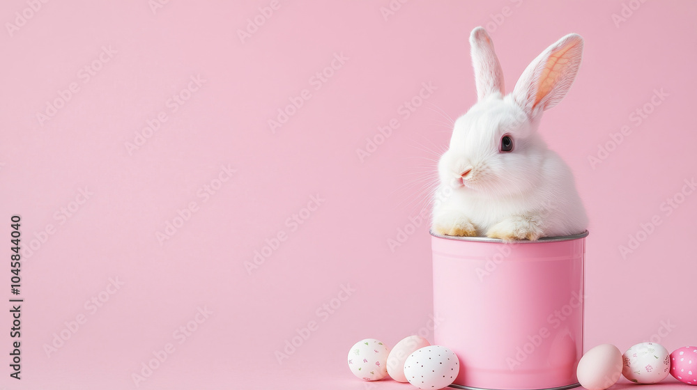A tiny white bunny sits inside a pink can, surrounded by small Easter eggs. The simple scene is set against a pink background, leaving room for your message or design. A tiny white bunny sits inside a pink can, surrounded by small Easter eggs. The simple scene is set against a pink background, leaving room for your message or design.