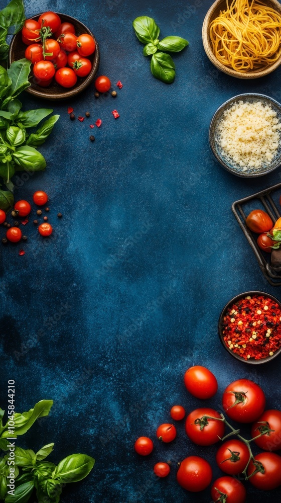 Fresh Italian Ingredients: Vibrant Tomatoes, Basil, and Spaghetti Flat Lay on Blue Background Fresh Italian Ingredients: Vibrant Tomatoes, Basil, and Spaghetti Flat Lay on Blue Background
