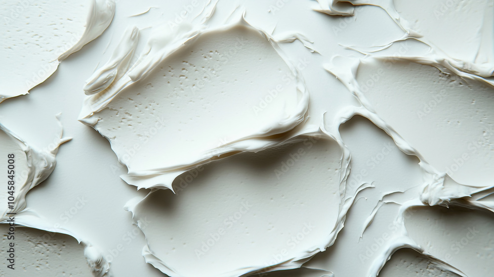 A close-up view of white beauty cream spread on a white surface. This shows the texture of the cosmetic product, which could be used for face or body. A close-up view of white beauty cream spread on a white surface. This shows the texture of the cosmetic product, which could be used for face or body.