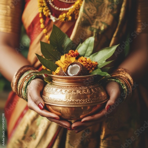 Kalash adorned with flowers, essential for Hindu worship. photo