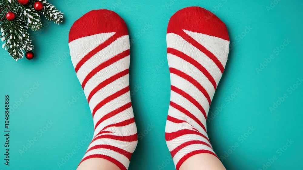 Feet in festive socks with candy cane patterns, Christmas tree in background, National Sock Day Feet in festive socks with candy cane patterns, Christmas tree in background, National Sock Day