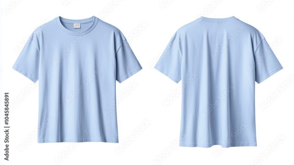 Two views of a light blue, oversized t-shirt with a round neck. The shirt is shown from the front, back, and side on a white background. This is a template for designing graphics on t-shirts. Two views of a light blue, oversized t-shirt with a round neck. The shirt is shown from the front, back, and side on a white background. This is a template for designing graphics on t-shirts.