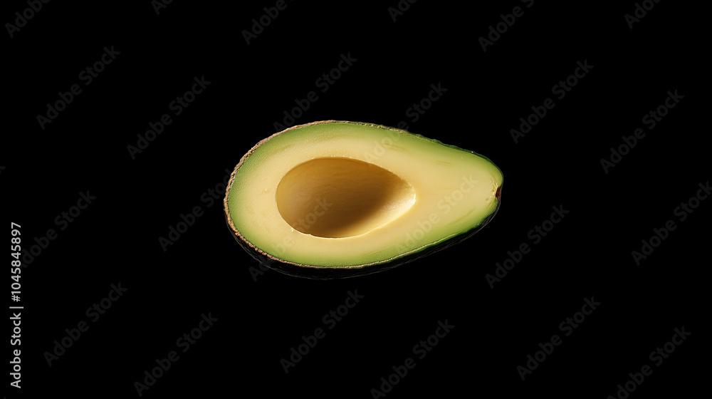 A single avocado slice, cut out and placed against a black background. There's no shadow, so it looks like it's floating. A single avocado slice, cut out and placed against a black background. There's no shadow, so it looks like it's floating.