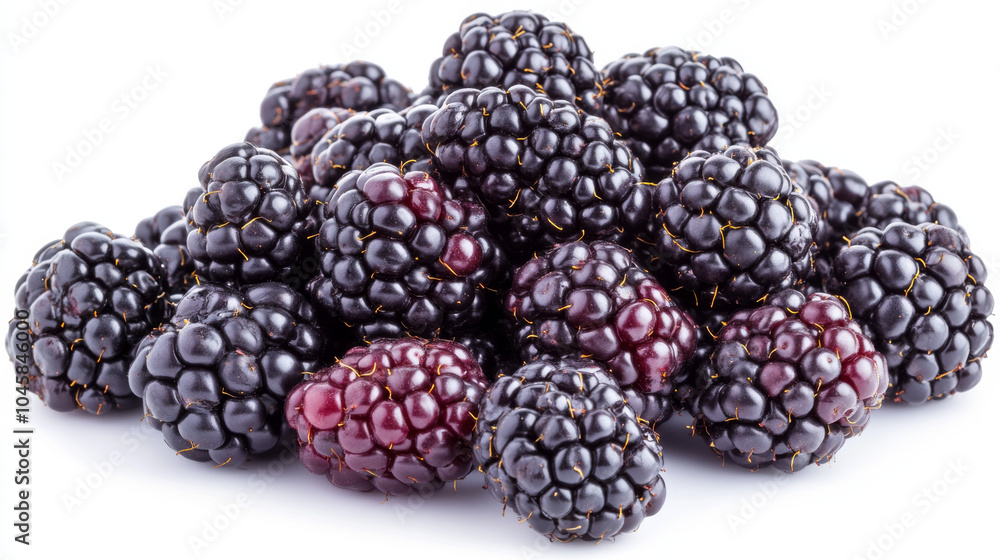 A pile of ripe blackberries sits on a white background. The berries are arranged in a heap, showing their different sides and angles. This image is perfect for creating designs or graphics. A pile of ripe blackberries sits on a white background. The berries are arranged in a heap, showing their different sides and angles. This image is perfect for creating designs or graphics.