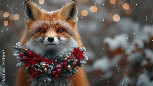 Charming Fox with Holiday Wreath Amid Snowy Background