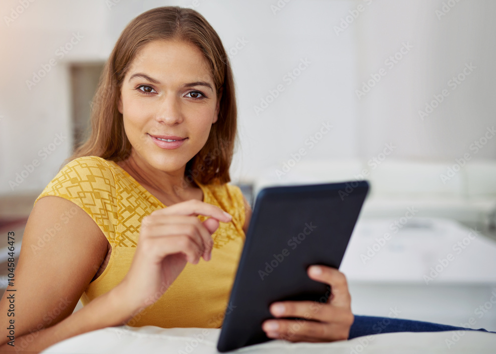 Portrait, house and woman with tablet, internet and relax with connection, technology and network. Face, person or girl on sofa, apartment or rest with email notification or website info in lounge Portrait, house and woman with tablet, internet and relax with connection, technology and network. Face, person or girl on sofa, apartment or rest with email notification or website info in lounge