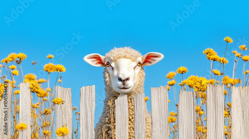 Cute sheep stay behind the hedge agains blue sky,  copy space photo