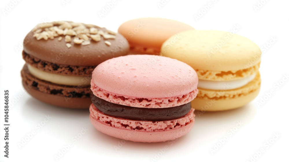 A close-up image of colorful macarons on a white background. This image is perfect for designing packaging or showcasing artwork. A close-up image of colorful macarons on a white background. This image is perfect for designing packaging or showcasing artwork.