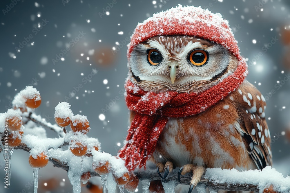 Snowy Owl in Scarf and Hat Against Winter Landscape Snowy Owl in Scarf and Hat Against Winter Landscape