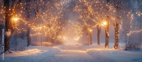 A snow-covered path lined with trees adorned with twinkling lights in a foggy winter wonderland.