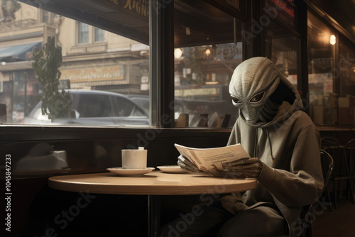 An alien in a vintage coffee shop