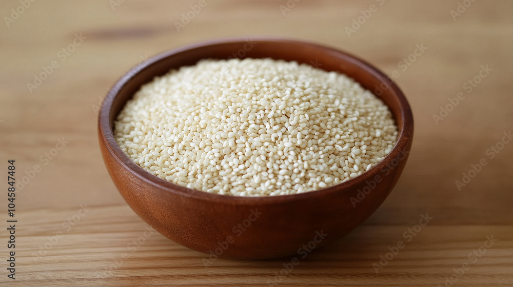 A bowl of white sesame seeds sits on a wooden surface, ready for use. A bowl of white sesame seeds sits on a wooden surface, ready for use.