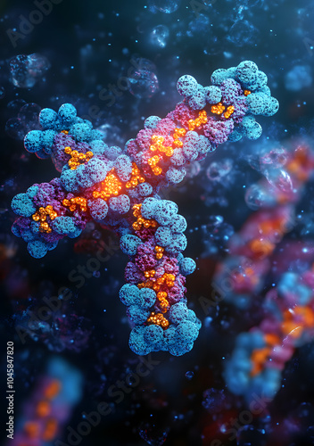 Antibodies, immunoglobulin Ig proteins, amino acids 3D medical image. Immune system, IgM IgG, IgE, IgD, IgA antibodies glycoproteins, specific antigens against virus. Antibody cells, immunity response photo